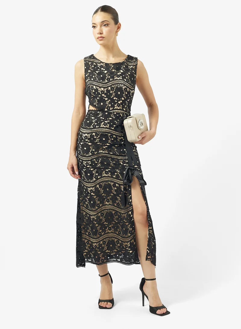 Just Me  Side Cut-Out Tie And Front Slit Lace detail Sleeveless Midi Dress for Women | Best Price UAE
